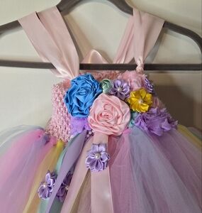 ANGEL TUTU Girls Pastel Floral Tulle  Dress With Satin Flower Embellishments